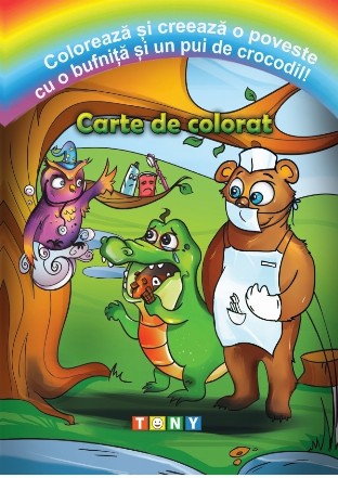 Coloreaza si creeaza o poveste cu o bufnita si un pui de crocodil! Carte de colorat