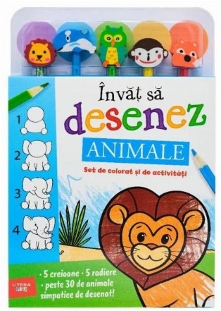 Invat sa desenez. Animale. Set de colorat si de activitati (contine 5 creioane si 5 radiere)