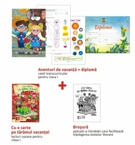 Pachet de vacanta pentru clasa I: 1. Aventuri de vacanta, 2. Cu o carte pe taramul vacantei, 3. Brosura, 4. Diploma