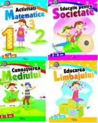 Set gradinita 4 auxiliare, nivel 3-4 ani (1. Educatie pentru societate, 2. Educarea limbajului, 3. Cunoasterea mediului, 4. Activitati matematice)