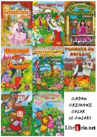 Set promotional 8 carti de colorat (Cenusareasa; Scufita Rosie; Capra cu trei iezi; Greuceanu; Cele 12 fete de imparat; Lampa lui Aladdin; Pinocchio; Ratusca cea urata) + Cadou Creioane color 12 culori